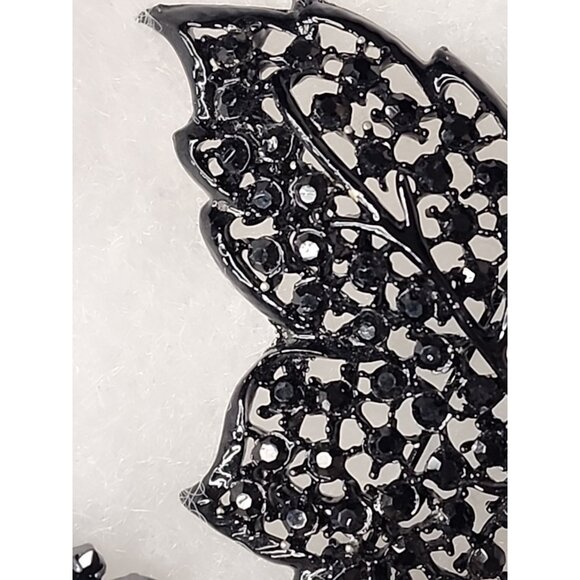 RALPH LAUREN vintage Black ONYX Leaf + flower enamel Brooch pin w Rhinestones - Picture 2 of 7